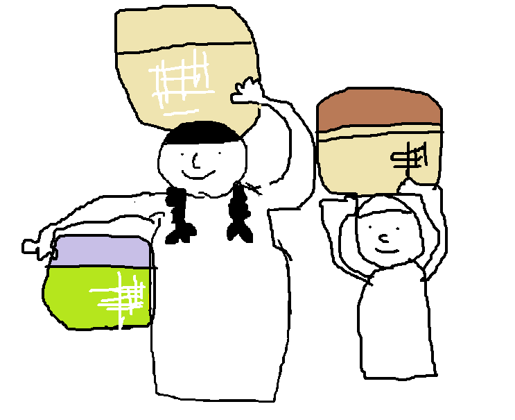籠を頭に乗せて運ぶ人達